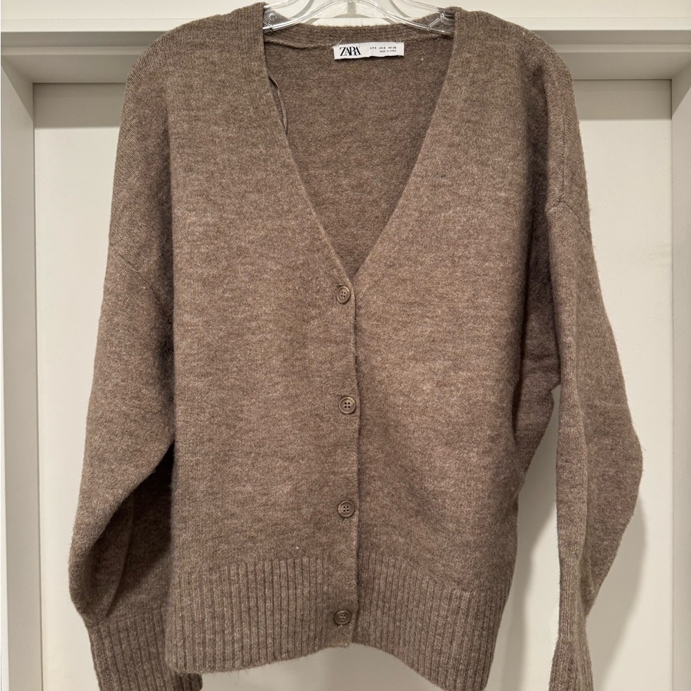 Zara Brown Cardigan Sweater V-Neck Wool Blend